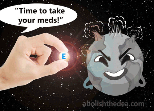 Hand holding table marked 'E' in front of angry-looking cartoon Earth in distance. Off-screen voice saying: 'Time to take your meds!'