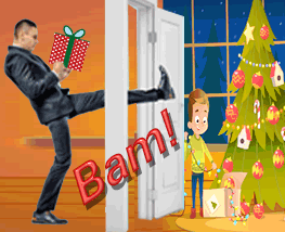 Goose-stepping DEA agent in suit holding wrapped Christmas gift kicks open door to his own home as young son awaits him inside beside decorated Christmas tree.
